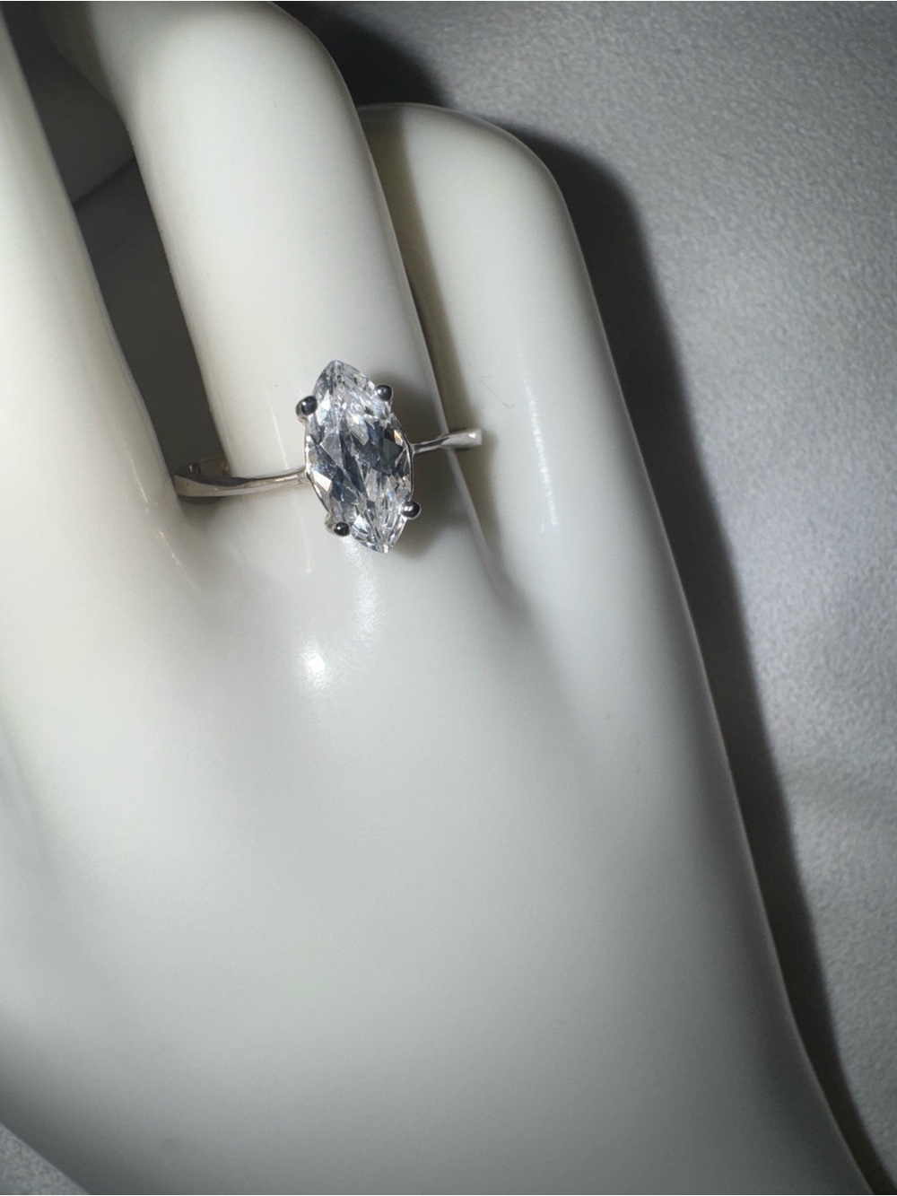 Vintage 2 Ct Sterling Marquise Cut CZ Diamond Solitaire Engagement Ring, size 8